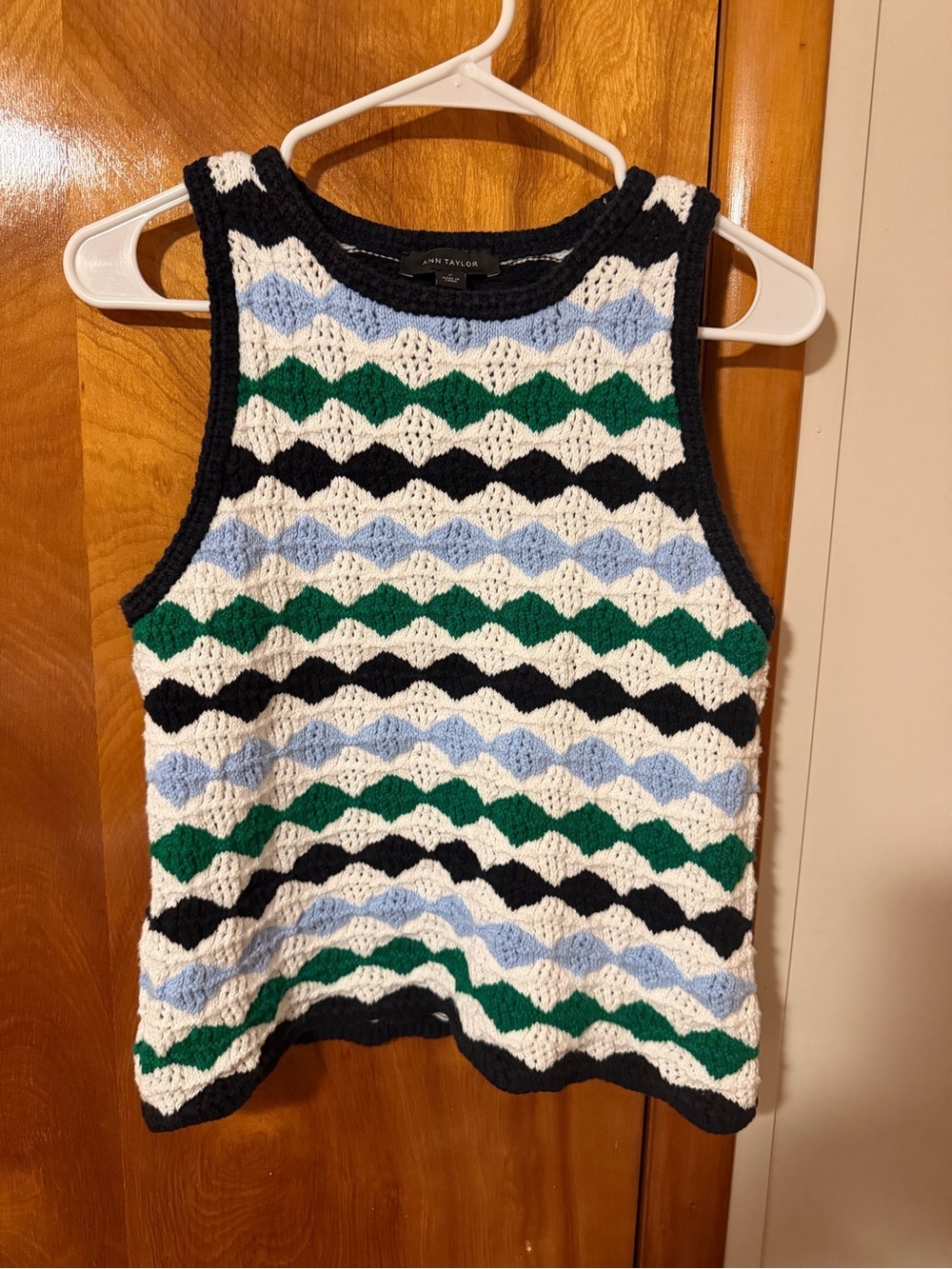 Ann Taylor Cotton Crochet Knit Sweater Tank Top Size M Blue Green Striped